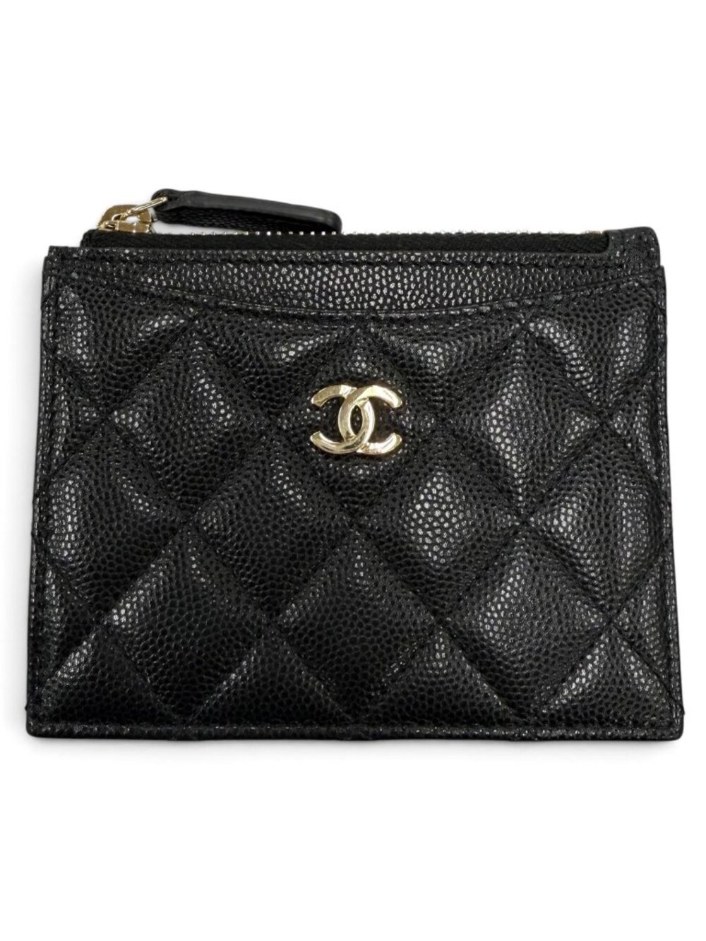 Chanel CC Logo Caviar Leather Card Case Coin Purse Black Gold